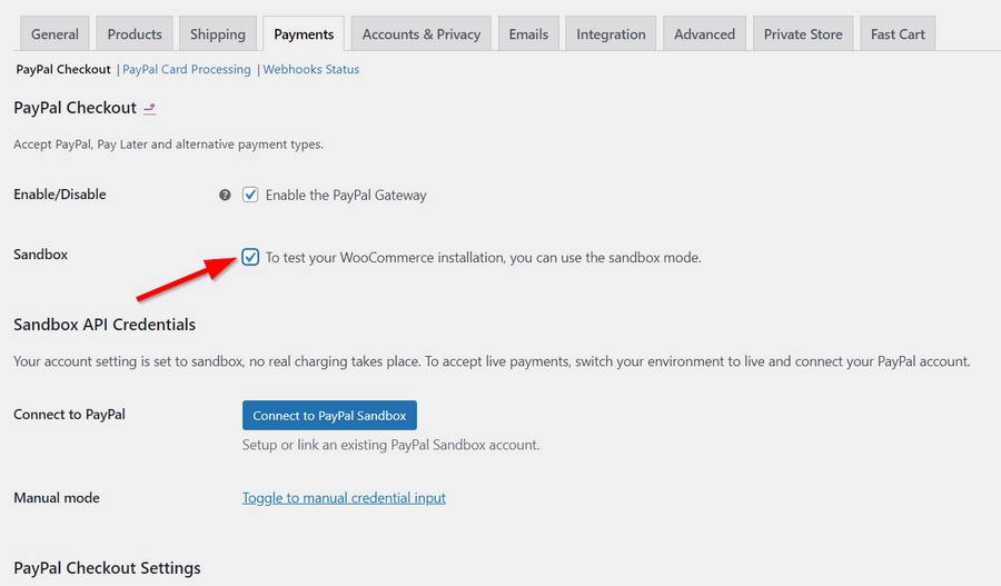 abilita l'account di prova sandbox paypal in woocommerce