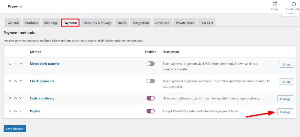 gestisci le impostazioni del gateway di pagamento paypal in woocommerce