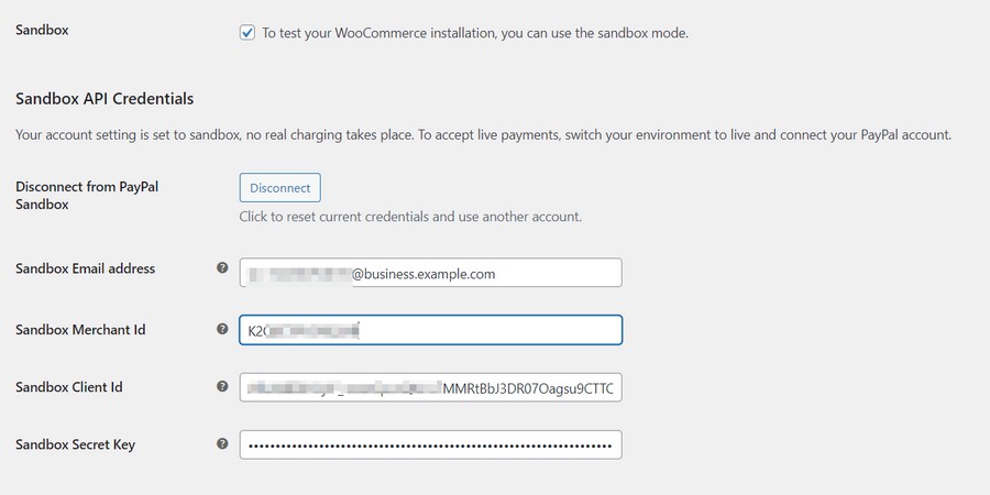 inserisci le credenziali dell'account sandbox paypal in woocommerce