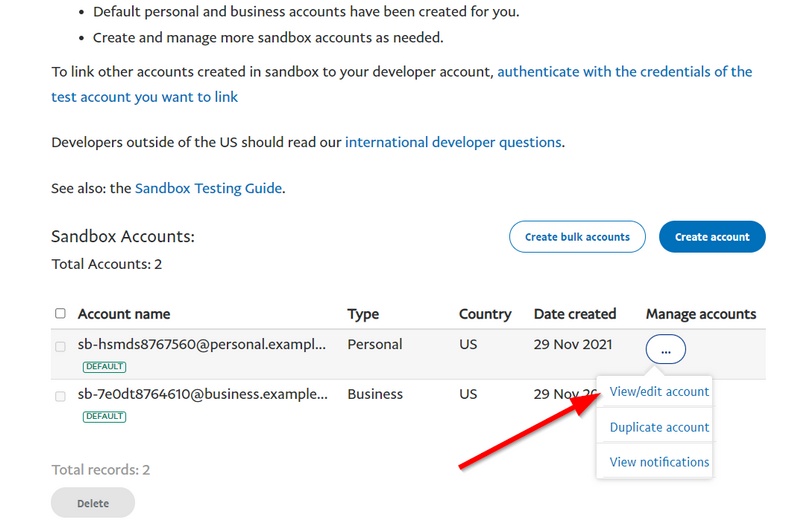 visualizza modifica le impostazioni personali dell'account sandbox paypal