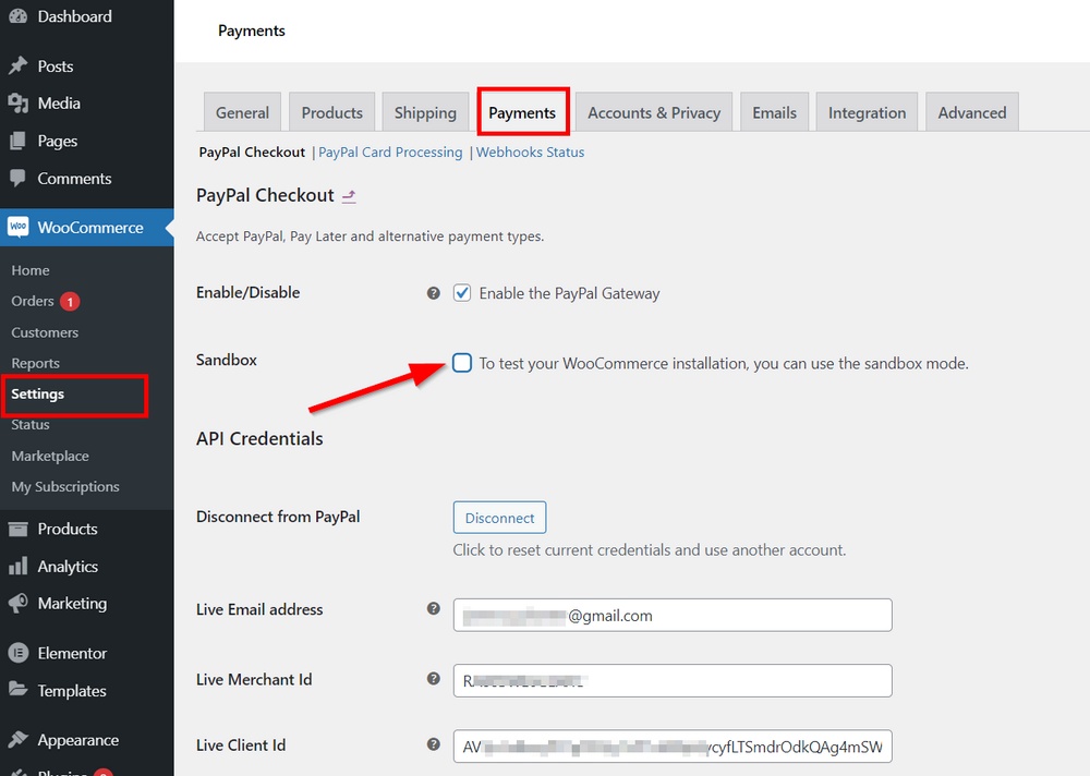 disattiva l'ambiente di test sandbox paypal woocommerce