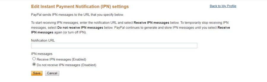 aggiungi l'URL di notifica alle impostazioni IPN di PayPal