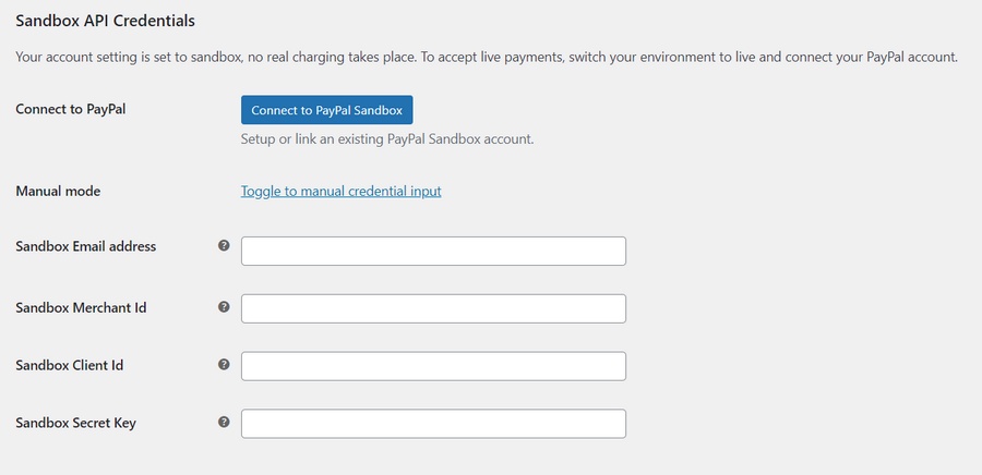 Passa all'inserimento manuale delle credenziali per l'account sandbox paypal in woocommerce