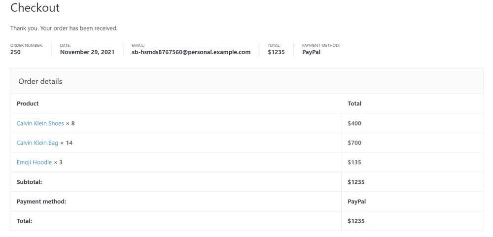 Pagina dell'ordine di pagamento paypal ricevuto