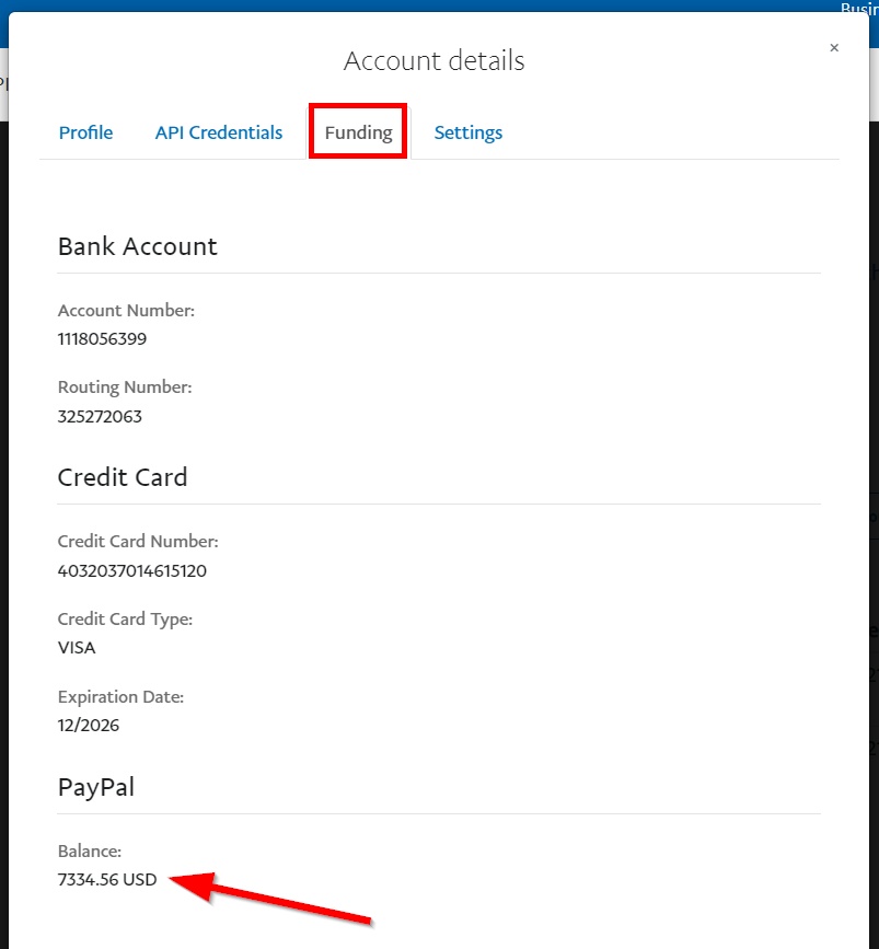 conferma la modifica del saldo dell'account nell'account commerciante sandbox paypal