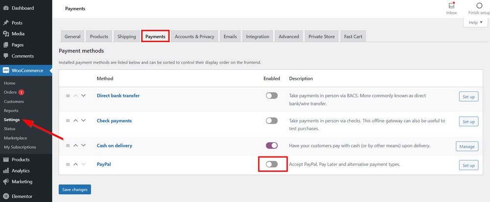 abilita il metodo di pagamento paypal in woocommerce