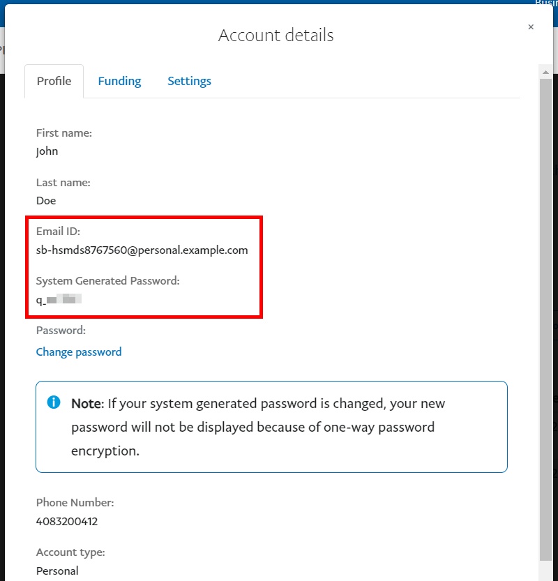 copia le credenziali dell'account sandbox paypal personale