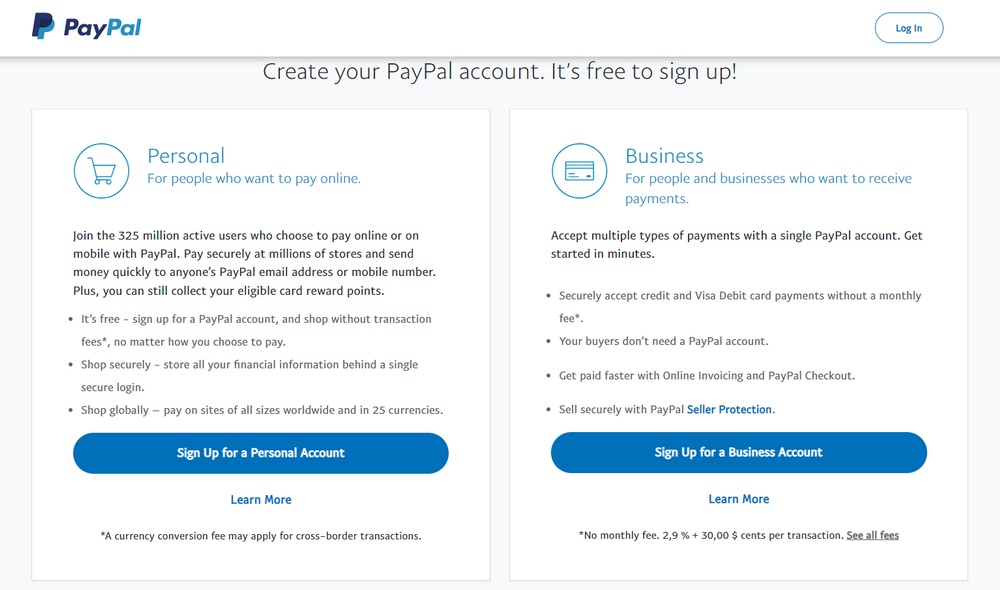 creare un nuovo account aziendale paypal
