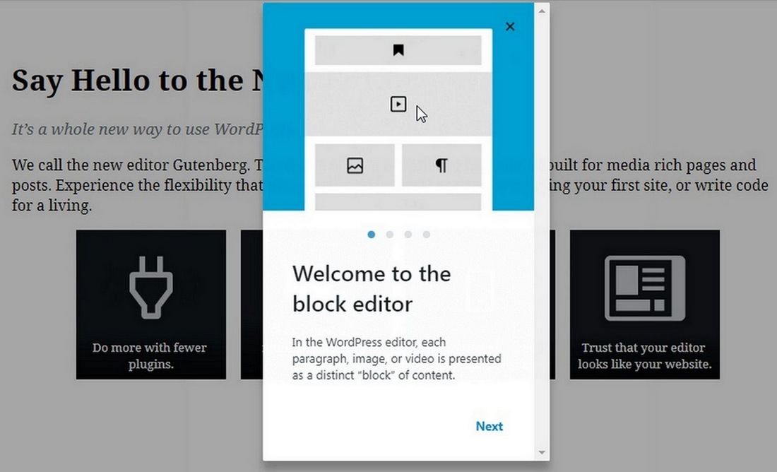 Captură de ecran cu WordPress Gutenberg