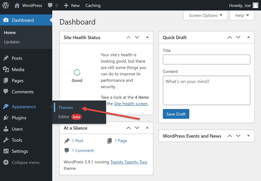 Menu dell'aspetto della dashboard di WordPress