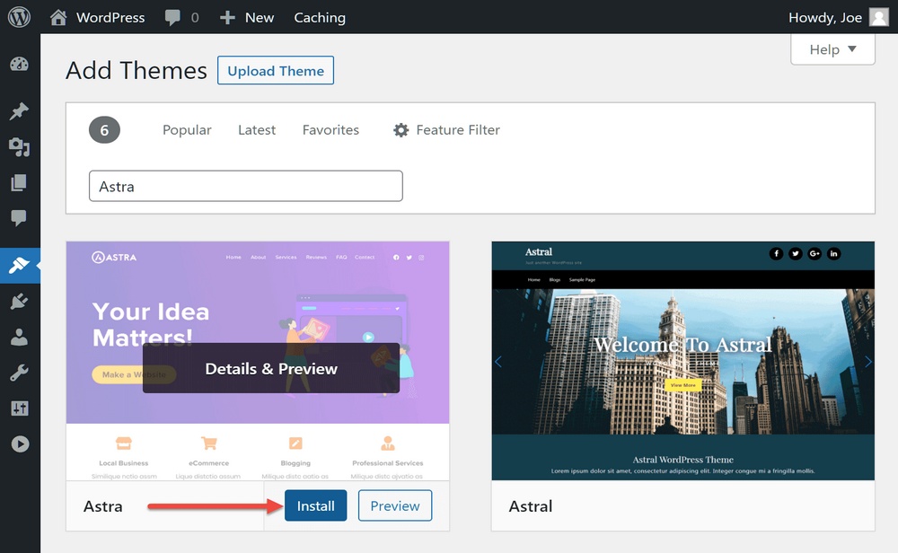 Installa il tema Astra dalla dashboard di WordPress