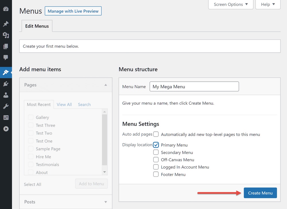 WordPress crea un nuovo menu
