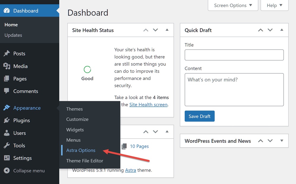 Menu delle opzioni di Astra del dashboard di WordPress