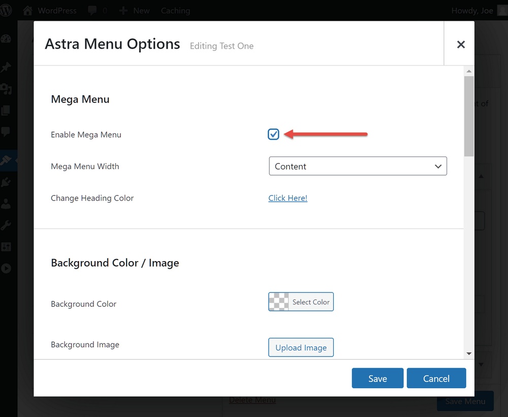 Abilita il mega menu usando Astra