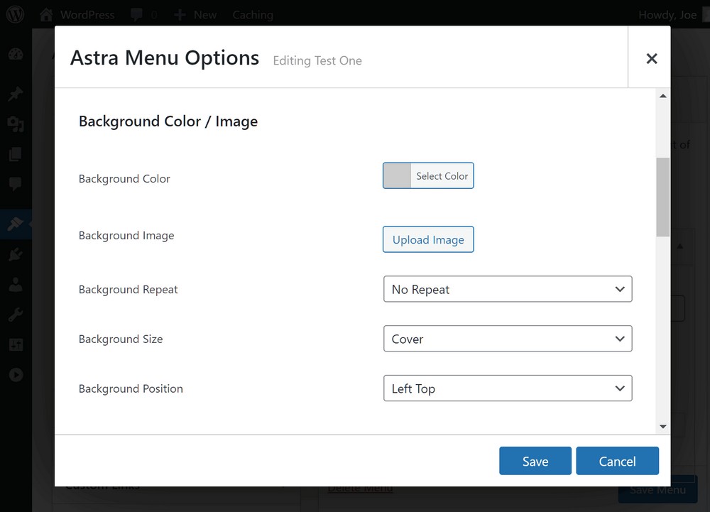 Impostazioni del colore di sfondo del menu Mega