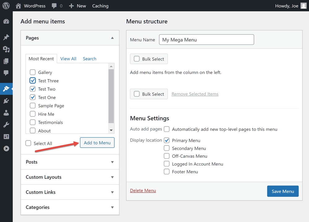 WordPress aggiunge elementi al menu