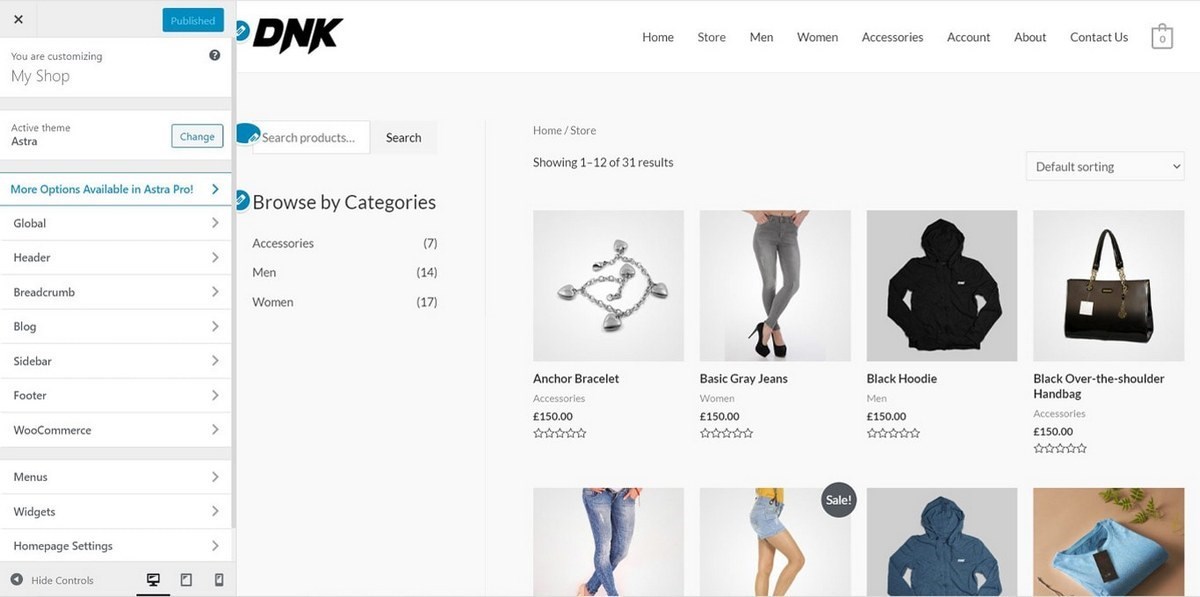 Kustomisasi situs web dengan penyesuai Astra