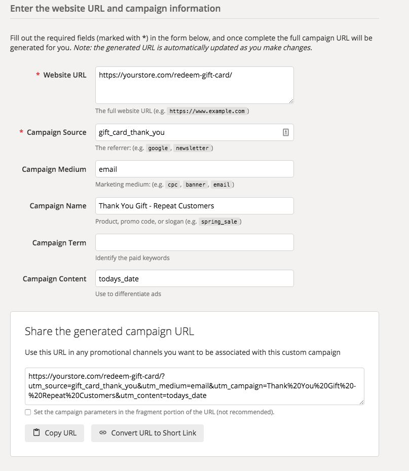 Esta é uma captura de tela da ferramenta do Google usada para criar um URL de campanha.