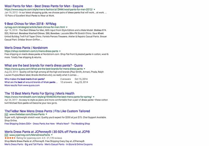 recherche de mots-clés pour le référencement du commerce électronique - meilleurs pantalons habillés pour hommes sur la recherche Google étendue
