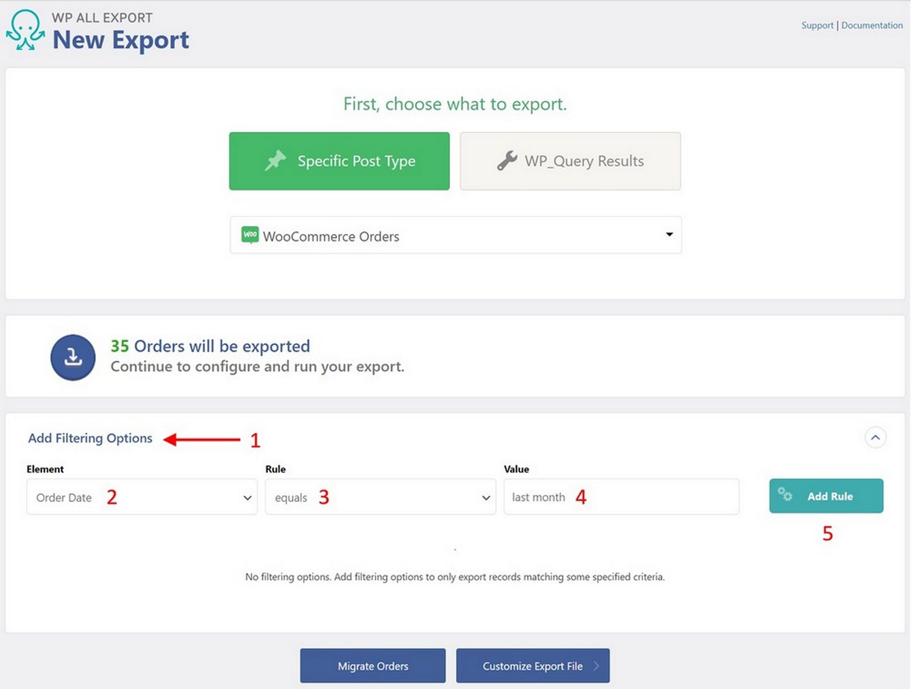 opciones de filtrado de exportación de pedidos