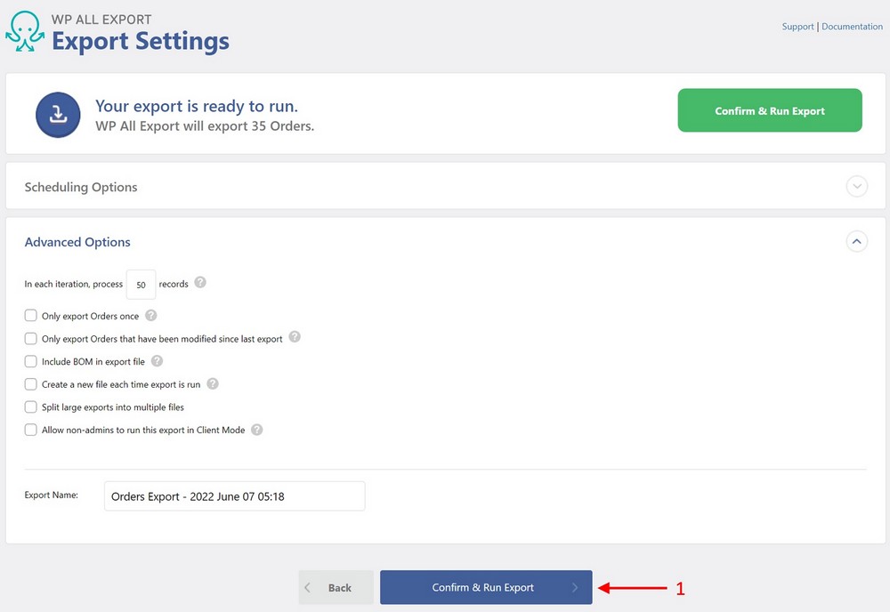 configuración de exportación de pedidos