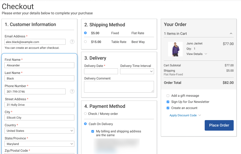 Demo front-end di Amasty 1 passaggio per il checkout