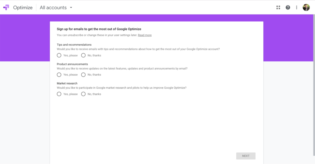 Pendaftaran buletin Google Optimize