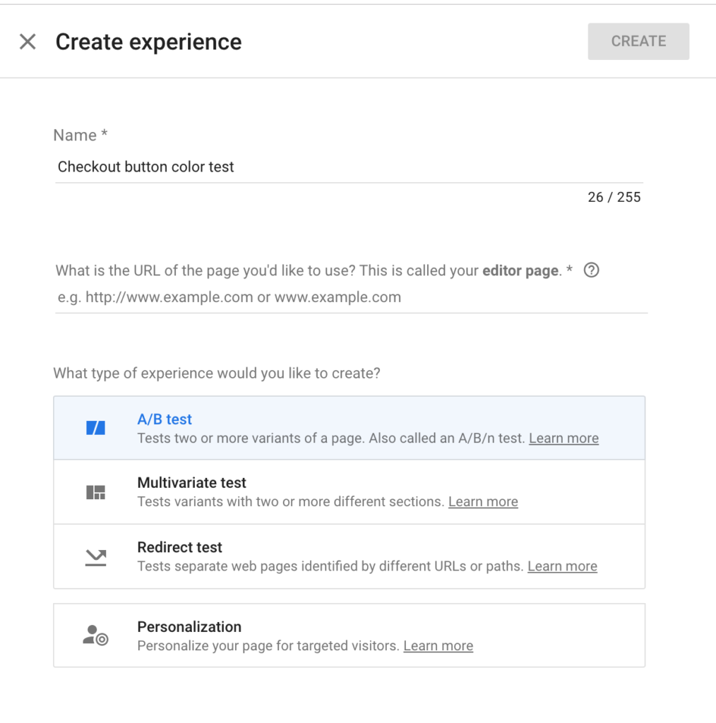 Google Optimize Buat Pengalaman - Langkah 1