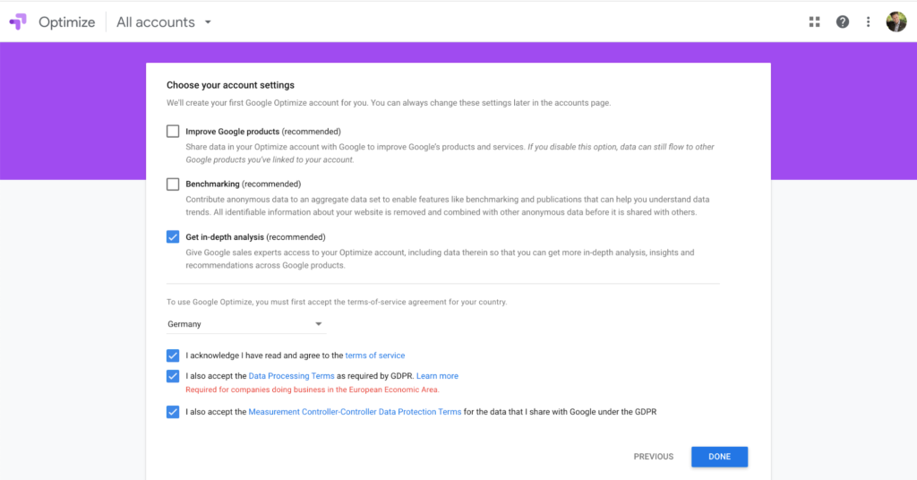 Pengaturan Akun Google Optimize