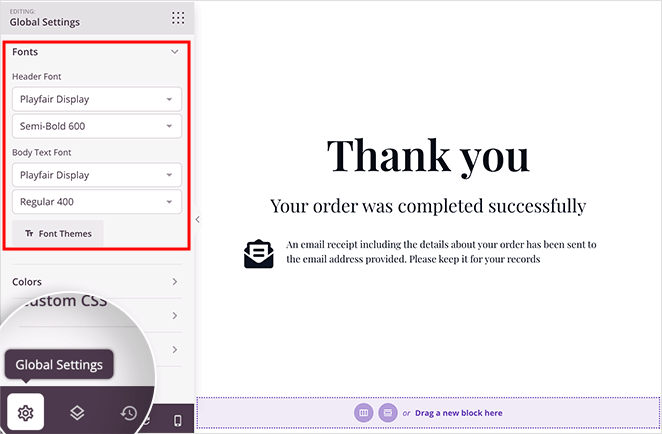 fontes personalizadas - SeedProd customize woocommerce thank you page font