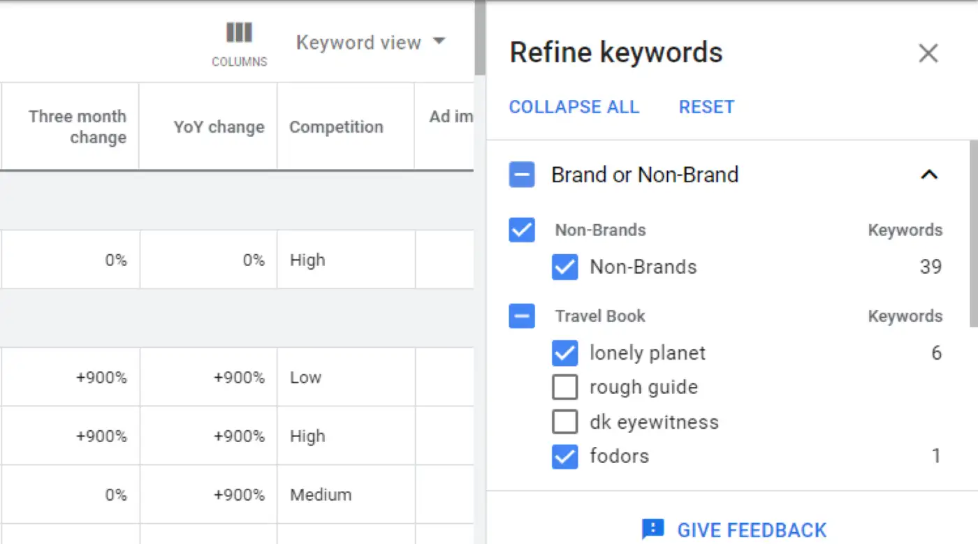 Refinando palavras-chave no Planejador de palavras-chave do Google