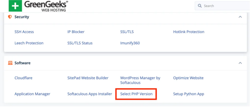 Lokalizacja opcji „Wybierz wersję PHP” w GreenGeeks cPanel