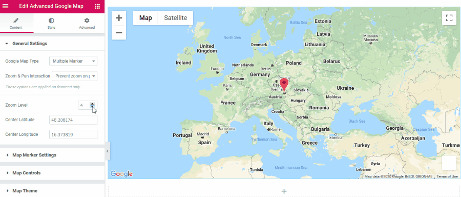 Tingkat zoom widget Google Maps Elementor tingkat lanjut