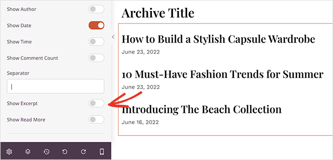 seedprod-шоу-отрывок - SeedProd Turn on the show excerpt toggle in seedprod
