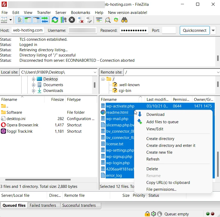 تحديد كافة الملفات في FileZilla - عذرًا ، لا يُسمح لك بالوصول إلى خطأ هذه الصفحة