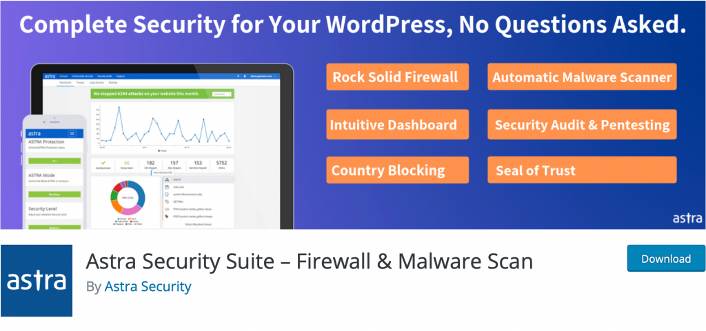 I 10 migliori plugin di sicurezza per WordPress del 2021 2 The banner for the "Astra Security Suite" plugin,