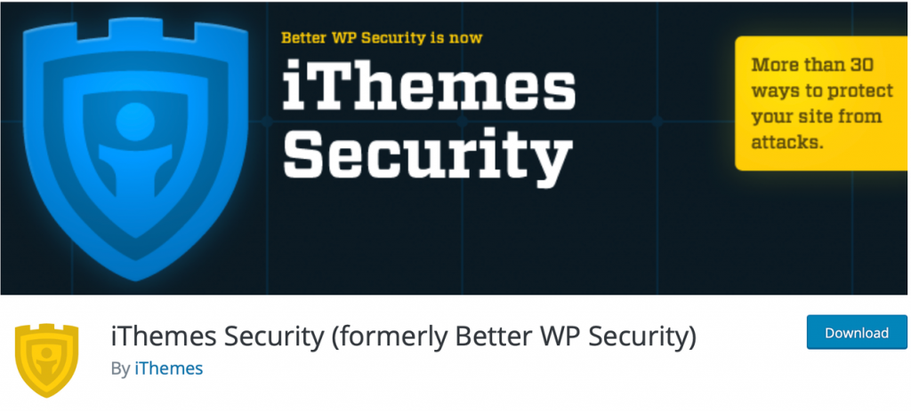 Plugin per WordPress di sicurezza iThemes Banner for iThemes Security, with the promise of "30 ways to protect your site from attacks"