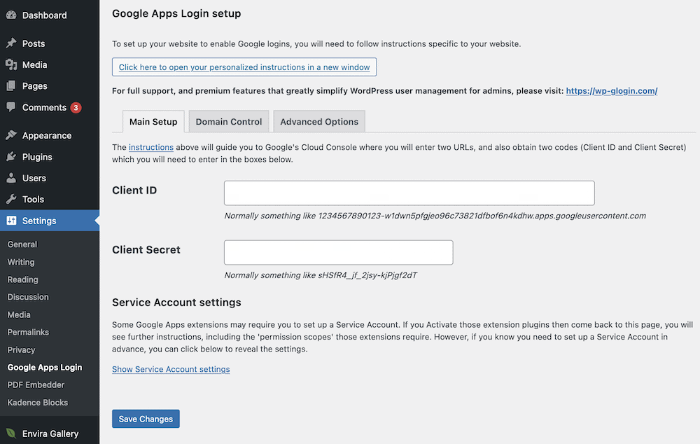 Google E-Tablo Verileri Bir WordPress Web Sitesinde Nasıl Yayınlanır 28 The Google Apps Login setup screen.