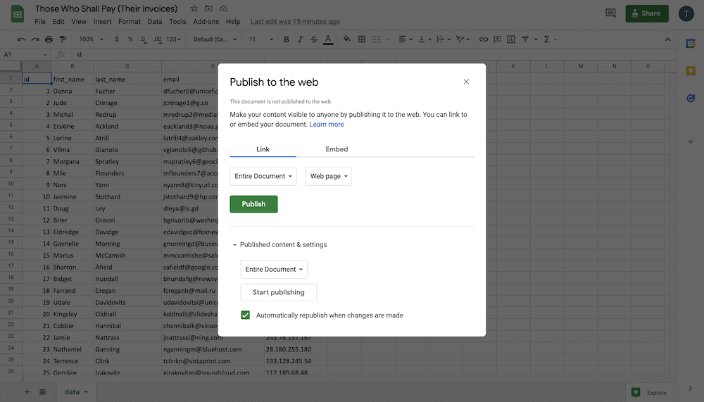 Google E-Tablo Verileri Bir WordPress Web Sitesinde Nasıl Yayınlanır 6 The Embed dialog.