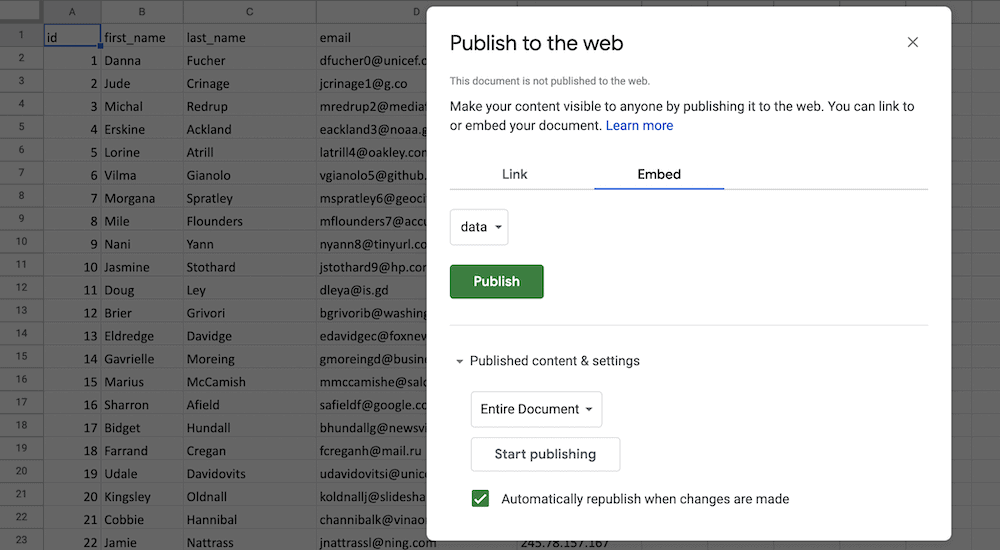 Google E-Tablo Verileri Bir WordPress Web Sitesinde Nasıl Yayınlanır 8 The Publish button.