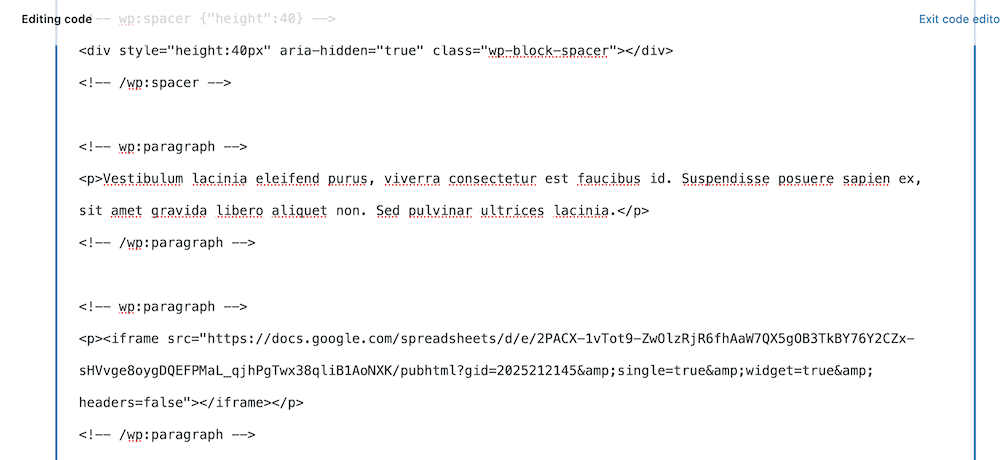 Google E-Tablo Verileri Bir WordPress Web Sitesinde Nasıl Yayınlanır 14 Pasting code into the Code editor.