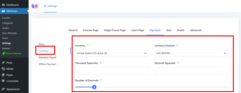 Pengaturan Mata Uang Masteriyo Cara Menjual Kursus Video di WordPress