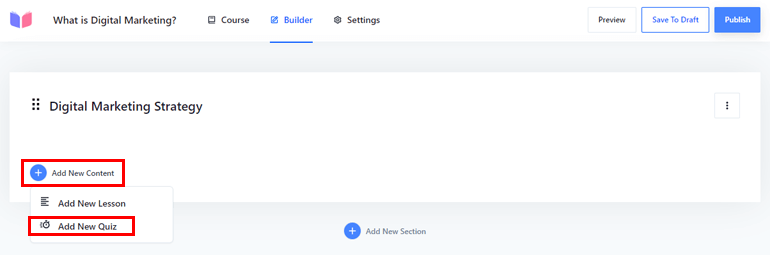 单击添加新测验如何在 WordPress 站点中添加 LMS 测验