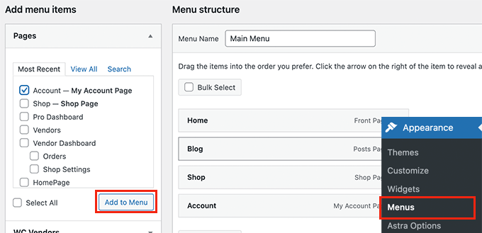 アカウントページをメニューに追加 Add account page to menu