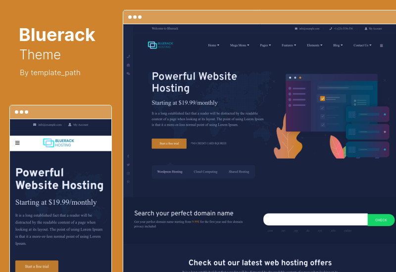 Tema Bluerack - Tema WordPress de hospedagem moderna