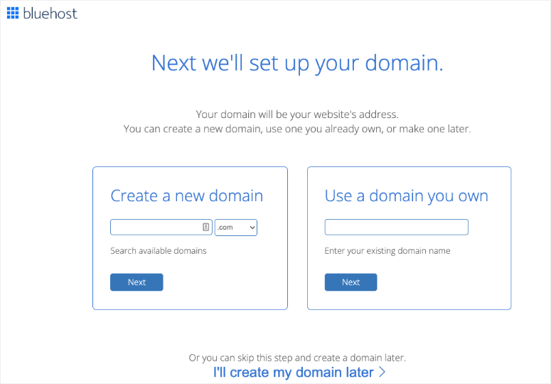 bluehost'ta bir alan seçin - IsItWP - Ücretsiz WordPress Tema Dedektörü select a domain in bluehost