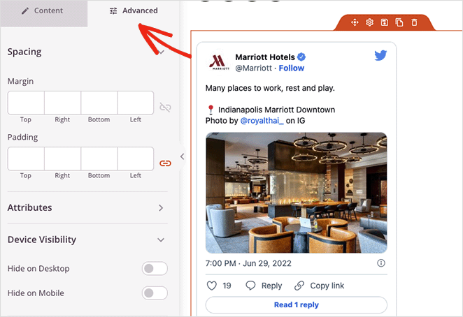 gelişmiş tweet engelleme ayarları - SeedProd advanced embed tweet block settings