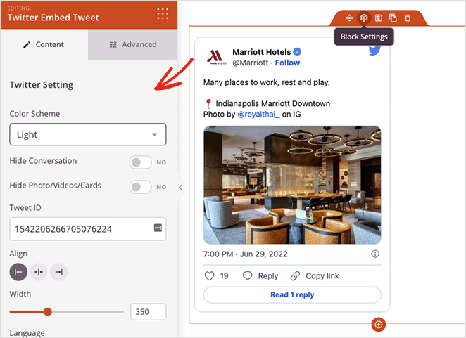 gömme tweet-blok ayarları - SeedProd embed tweet block settings