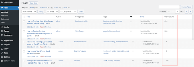 Adicionando uma contagem de palavras ao painel do WordPress Adding a word count to the WordPress dashboard