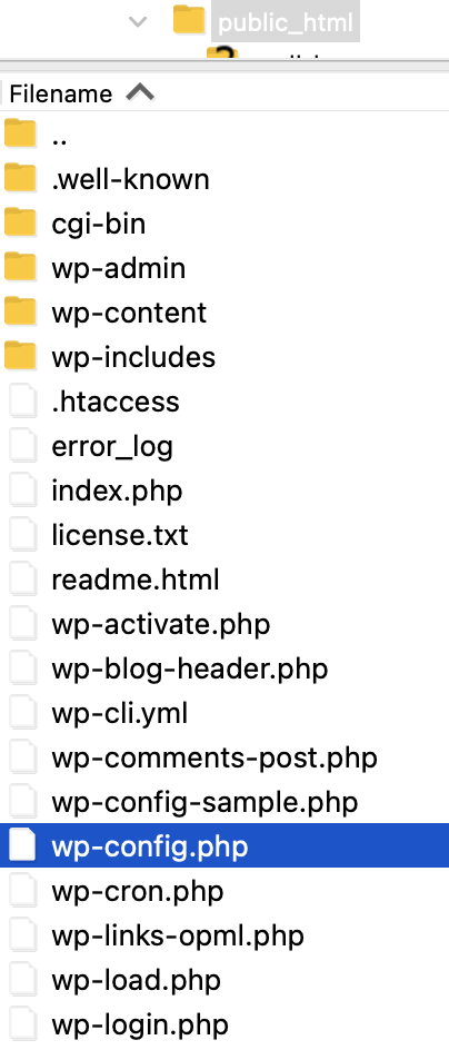 核心文件和文件夹列表,选择 wp-config.php